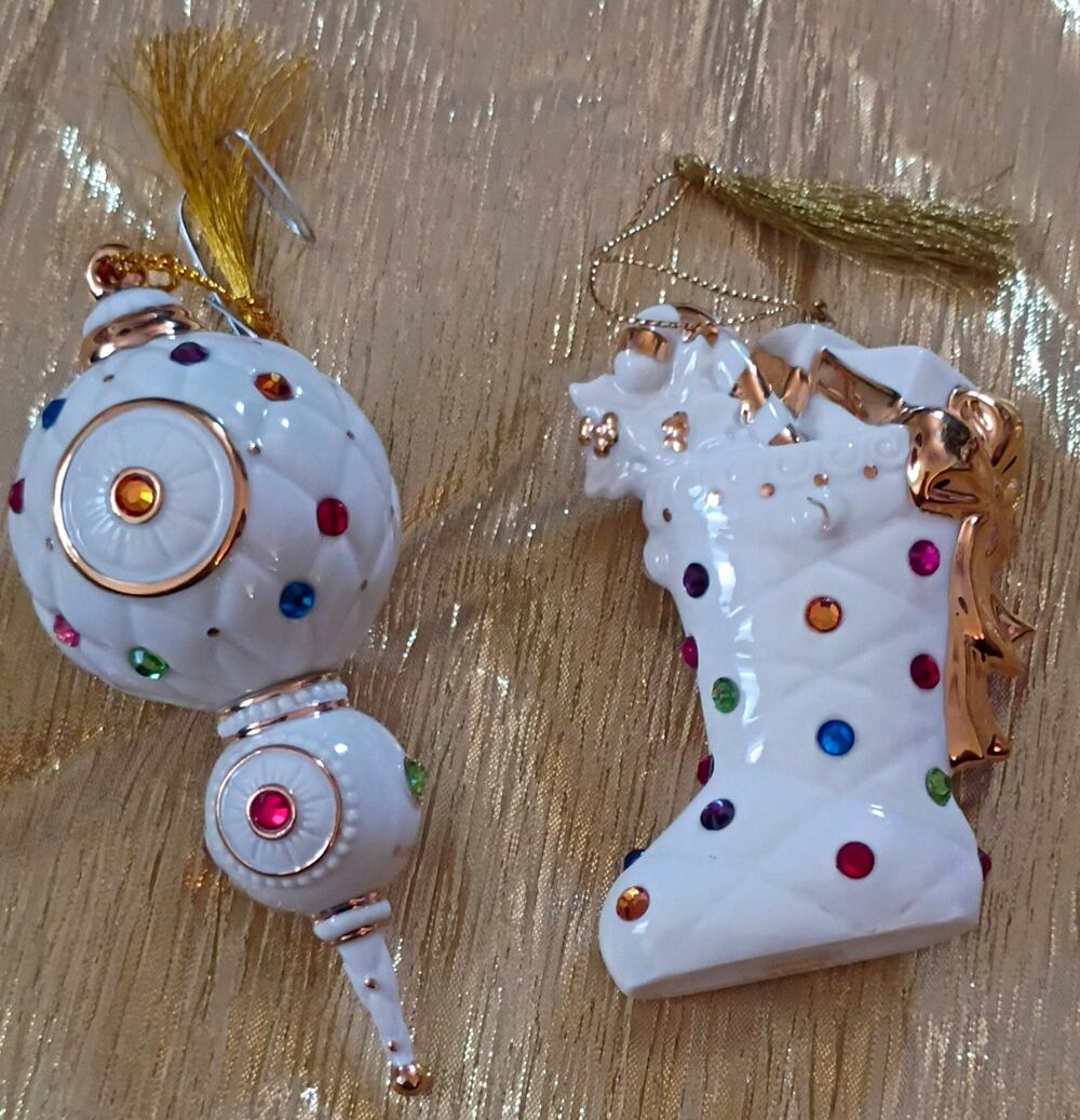 Lenox 2005 Porcelain Hanging Christmas Ornaments Set of 2, White Gold Stocking